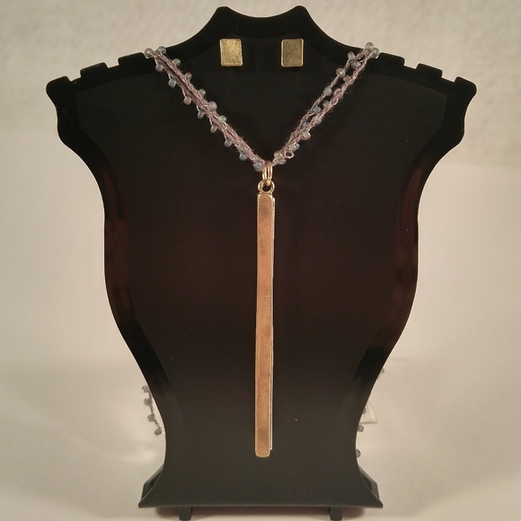 Necklace earring set gold bar seed bead gray 2-row - Picture 1 of 4